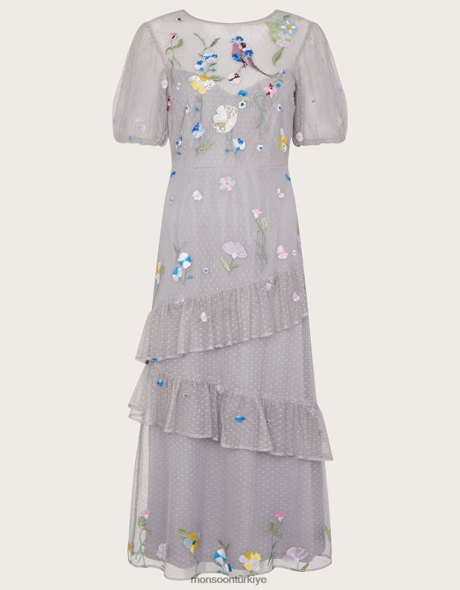 Monsoon kadınlar gwendolyn işlemeli katlı midi elbise JH86BT177 Giyim gri