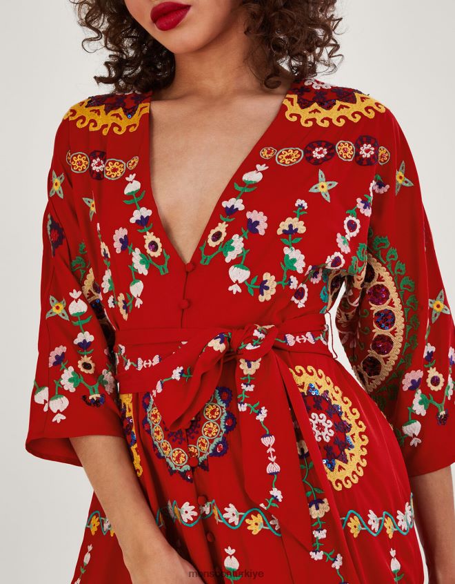 Monsoon kadınlar jennifer el işlemeli kimono elbise JH86BT1063 Giyim kırmızı