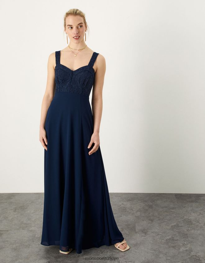 Monsoon kadınlar lori dantel maxi elbise JH86BT656 Giyim Mavi Donanma)