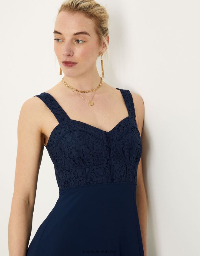 Monsoon kadınlar lori dantel maxi elbise JH86BT656 Giyim Mavi Donanma)