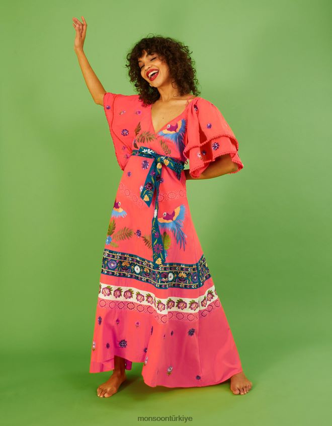 Monsoon kadınlar lucy katmanlı kol süslemeli maxi elbise JH86BT761 Giyim turuncu (mercan)