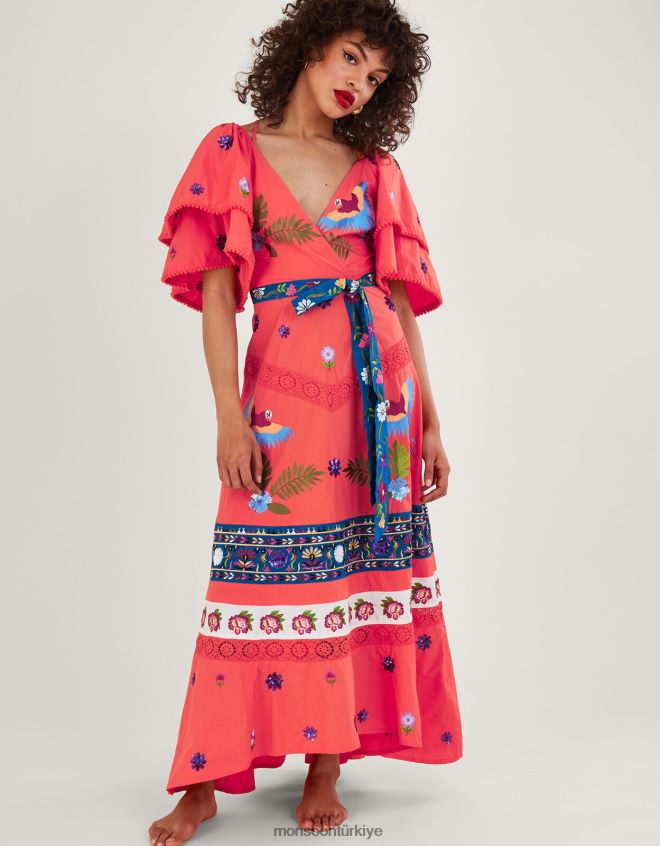 Monsoon kadınlar lucy katmanlı kol süslemeli maxi elbise JH86BT761 Giyim turuncu (mercan)