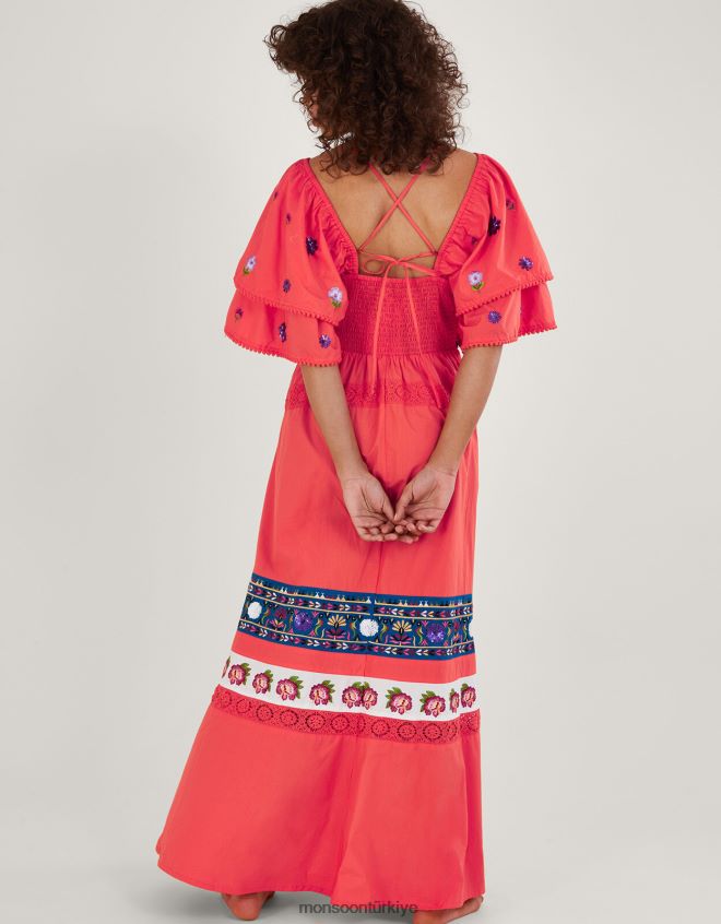 Monsoon kadınlar lucy katmanlı kol süslemeli maxi elbise JH86BT761 Giyim turuncu (mercan)