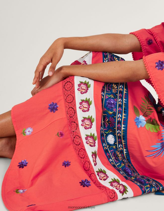 Monsoon kadınlar lucy katmanlı kol süslemeli maxi elbise JH86BT761 Giyim turuncu (mercan)