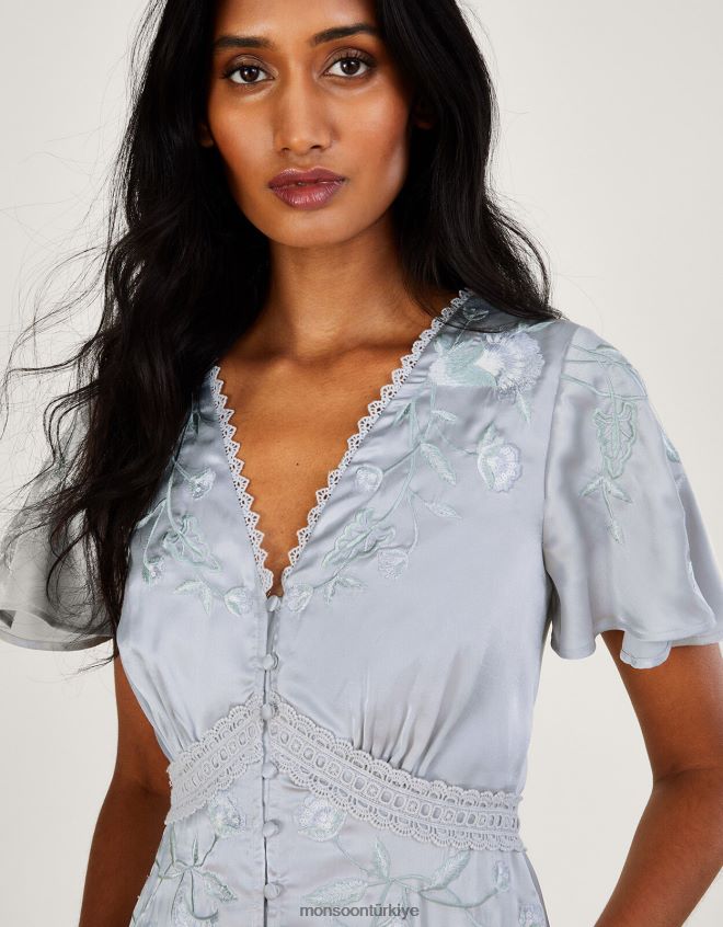 Monsoon kadınlar mia saten işlemeli maxi elbise JH86BT698 Giyim gümüş