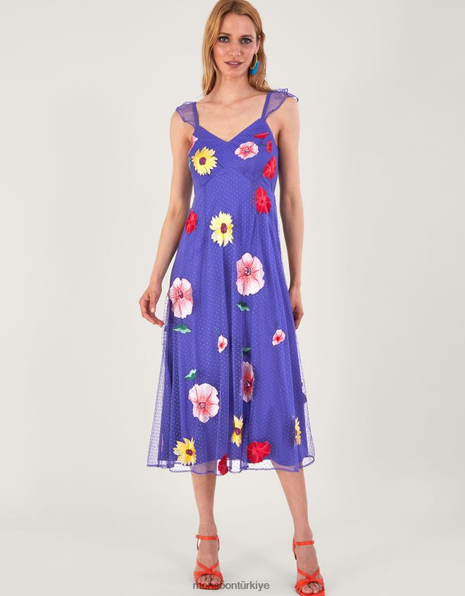 Monsoon kadınlar micaela çiçek süslemeli midi elbise JH86BT29 Giyim mavi