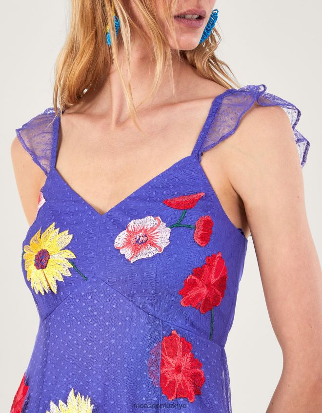 Monsoon kadınlar micaela çiçek süslemeli midi elbise JH86BT29 Giyim mavi