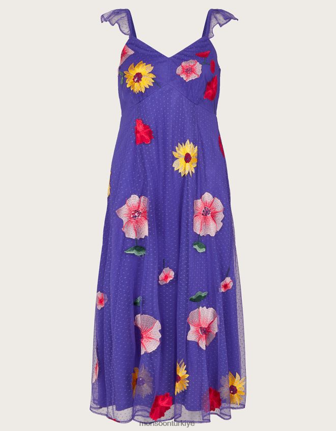 Monsoon kadınlar micaela çiçek süslemeli midi elbise JH86BT29 Giyim mavi