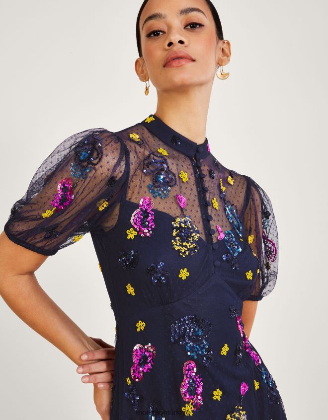 Monsoon kadınlar natalia işlemeli midi elbise JH86BT1039 Giyim Mavi Donanma)