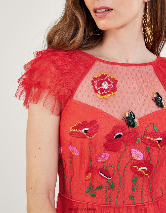 Monsoon kadınlar octavia işlemeli midi elbise JH86BT785 Giyim kırmızı