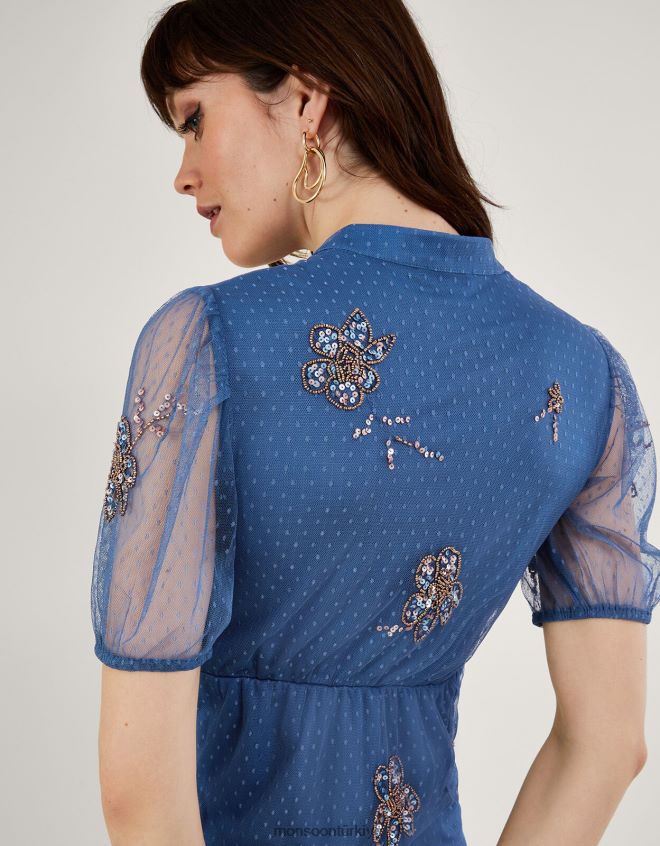 Monsoon kadınlar pamela işlemeli çay elbisesi JH86BT94 Giyim mavi