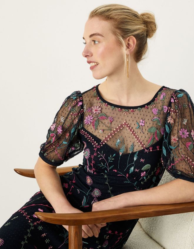 Monsoon kadınlar polly işlemeli midi elbise JH86BT1106 Giyim Mavi Donanma)