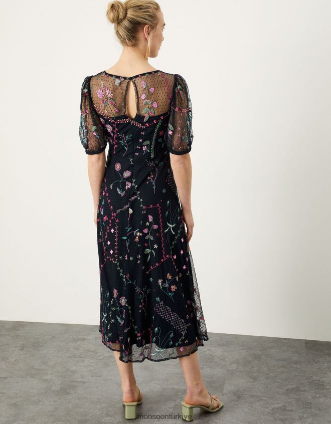 Monsoon kadınlar polly işlemeli midi elbise JH86BT1106 Giyim Mavi Donanma)