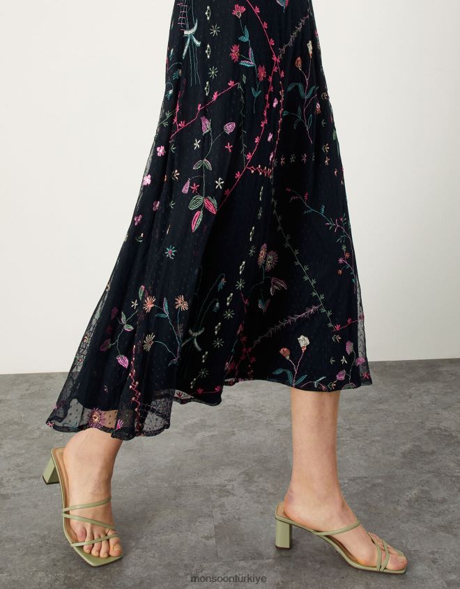 Monsoon kadınlar polly işlemeli midi elbise JH86BT1106 Giyim Mavi Donanma)