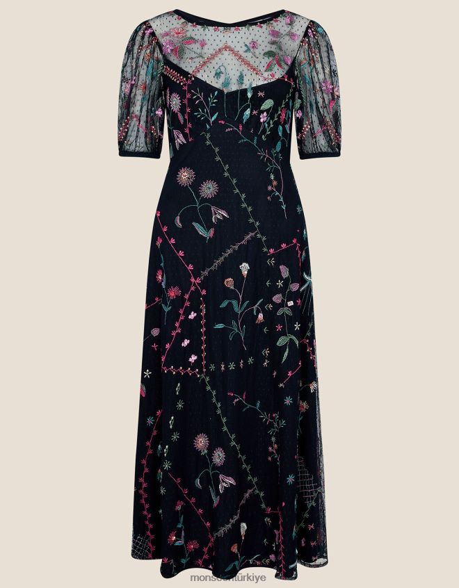 Monsoon kadınlar polly işlemeli midi elbise JH86BT1106 Giyim Mavi Donanma)