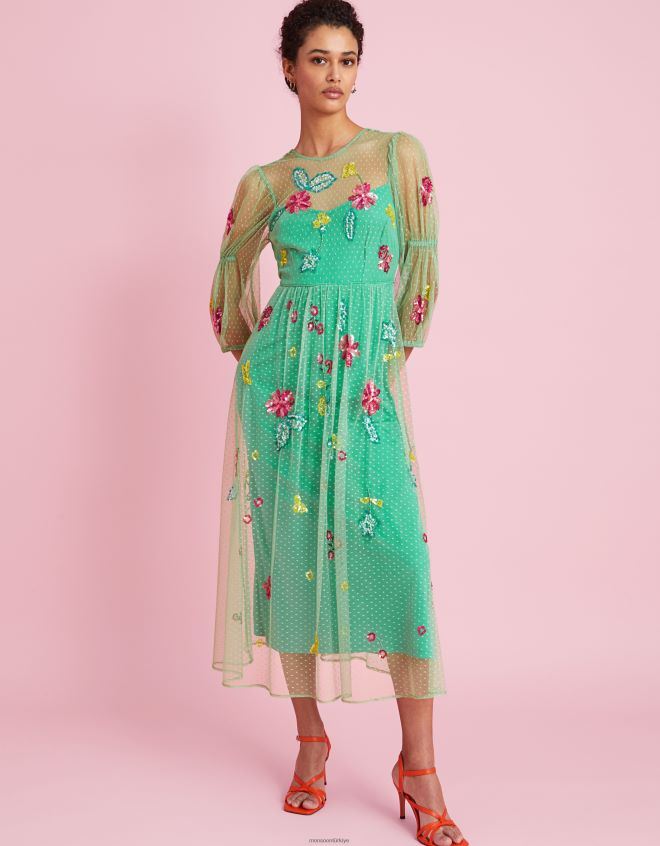 Monsoon kadınlar rosa işlemeli midi elbise JH86BT373 Giyim yeşil