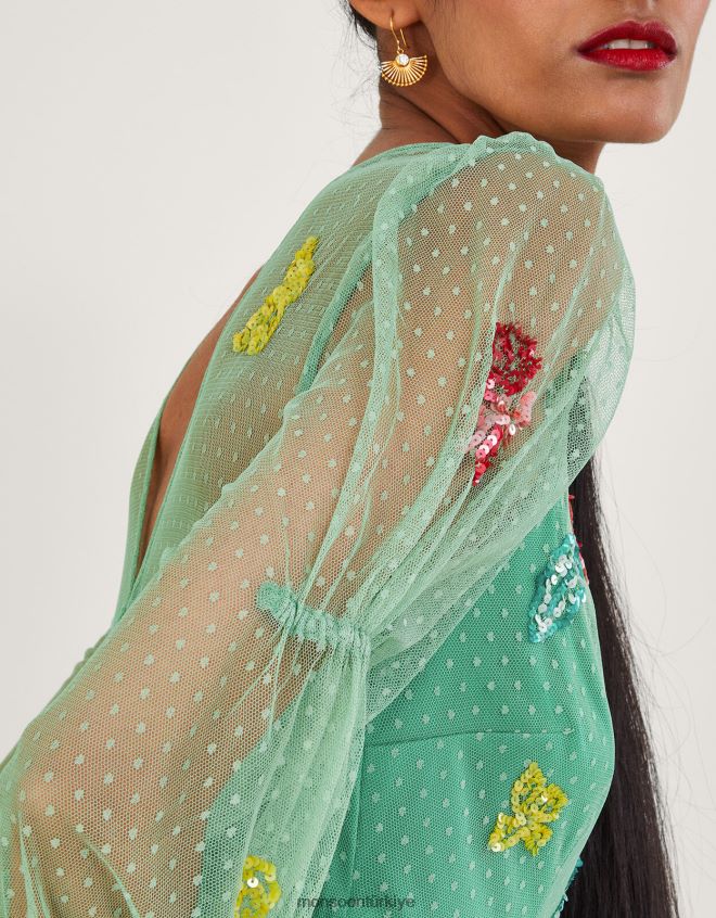 Monsoon kadınlar rosa işlemeli midi elbise JH86BT373 Giyim yeşil