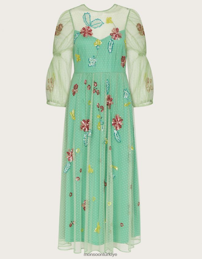 Monsoon kadınlar rosa işlemeli midi elbise JH86BT373 Giyim yeşil