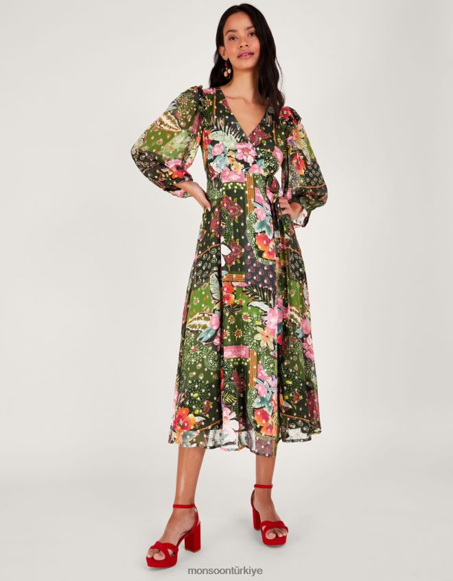 Monsoon kadınlar sürdürülebilir viskondan anastasia metalik anvelop elbise JH86BT238 Giyim yeşil