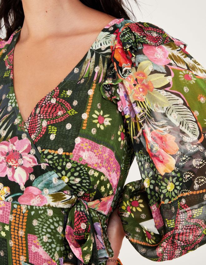 Monsoon kadınlar sürdürülebilir viskondan anastasia metalik anvelop elbise JH86BT238 Giyim yeşil