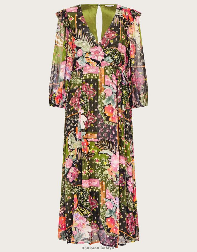 Monsoon kadınlar sürdürülebilir viskondan anastasia metalik anvelop elbise JH86BT238 Giyim yeşil