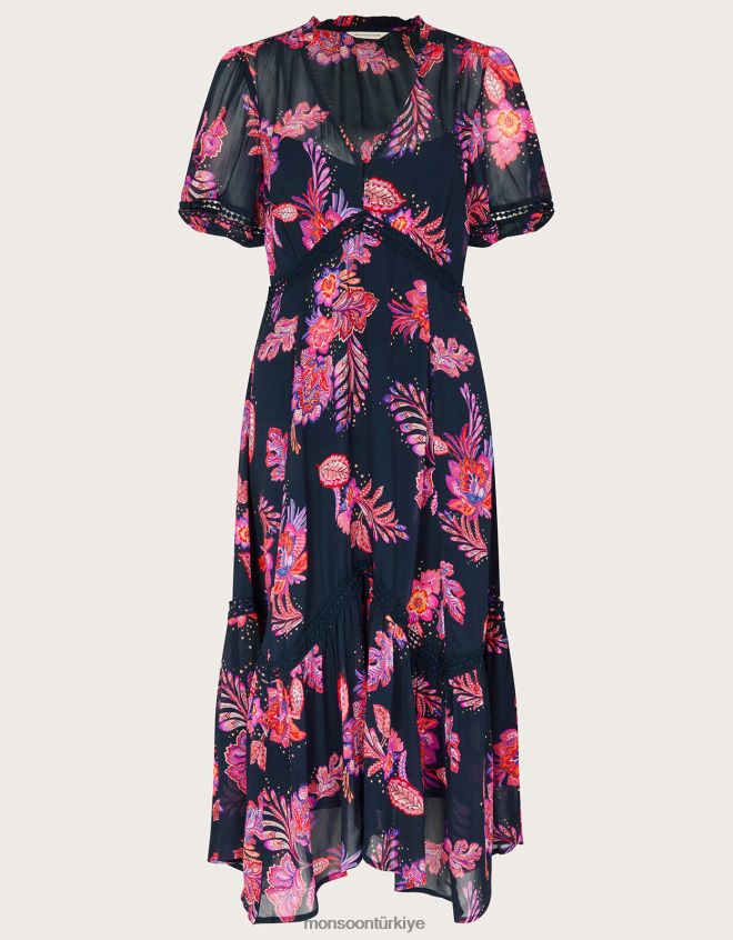 Monsoon kadınlar sürdürülebilir viskondan finn hanky etek boyu elbise JH86BT354 Giyim Mavi Donanma)