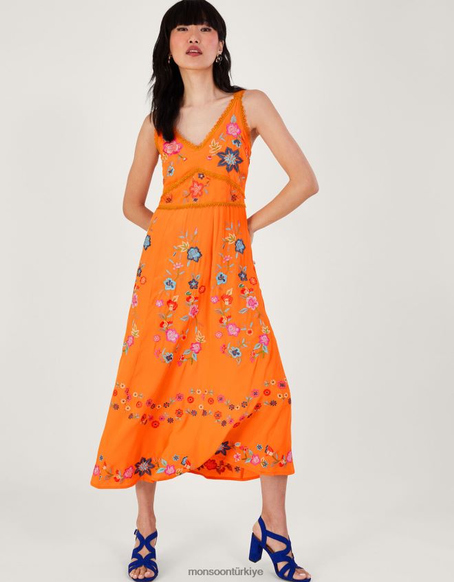 Monsoon kadınlar sürdürülebilir viskondan liyana işlemeli çiçekli cami elbise JH86BT243 Giyim turuncu