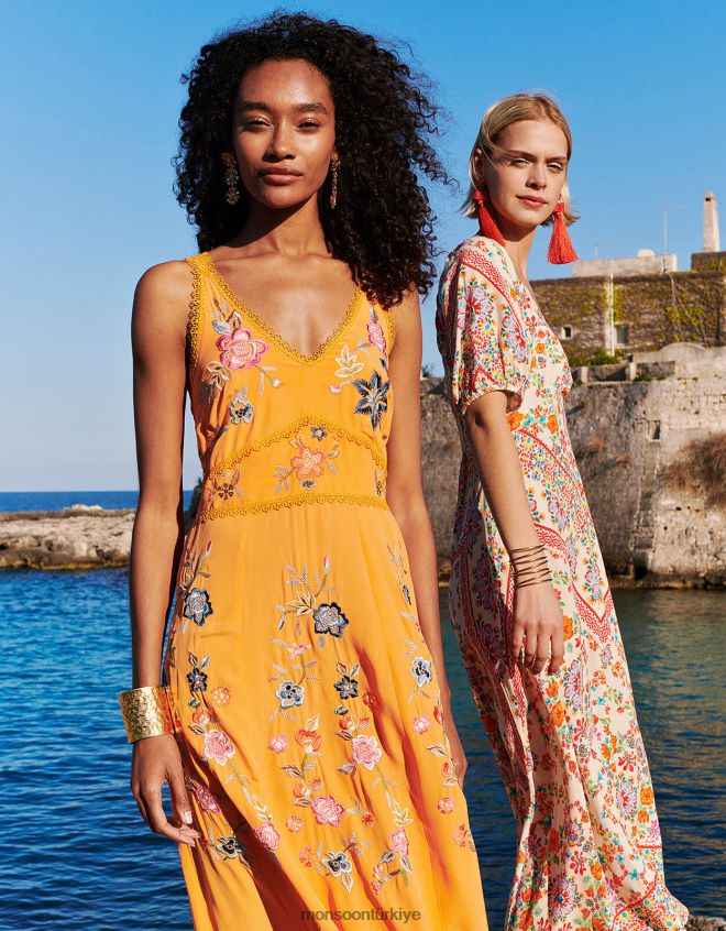 Monsoon kadınlar sürdürülebilir viskondan liyana işlemeli çiçekli cami elbise JH86BT243 Giyim turuncu