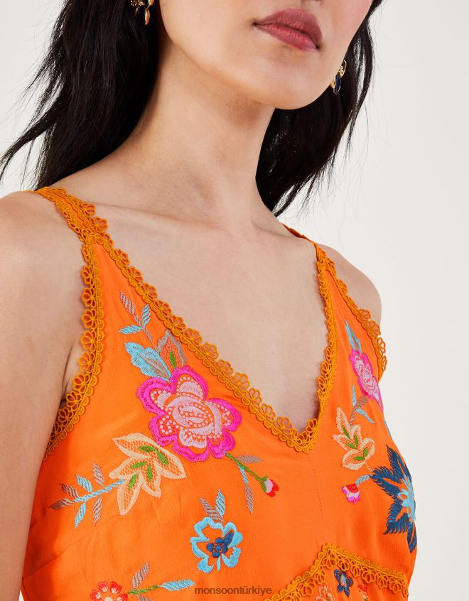 Monsoon kadınlar sürdürülebilir viskondan liyana işlemeli çiçekli cami elbise JH86BT243 Giyim turuncu