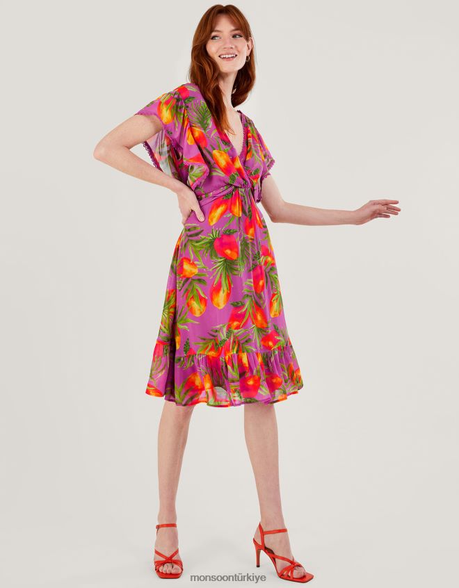 Monsoon kadınlar sürdürülebilir viskozdan atiena desenli elbise JH86BT167 Giyim mor