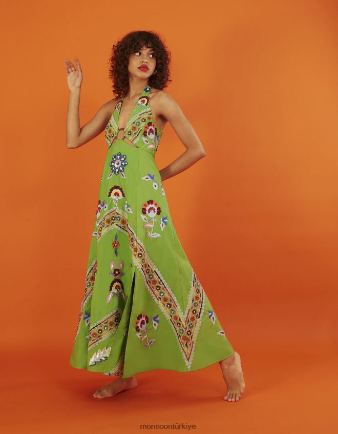 Monsoon kadınlar shirley yüzük detaylı işlemeli maxi elbise JH86BT987 Giyim yeşil