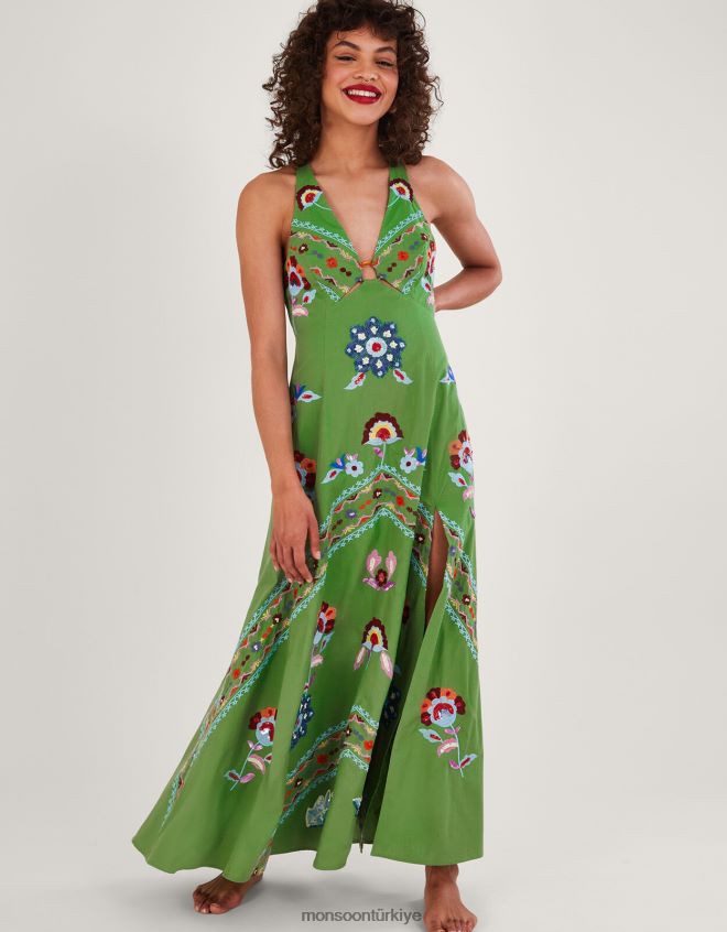 Monsoon kadınlar shirley yüzük detaylı işlemeli maxi elbise JH86BT987 Giyim yeşil
