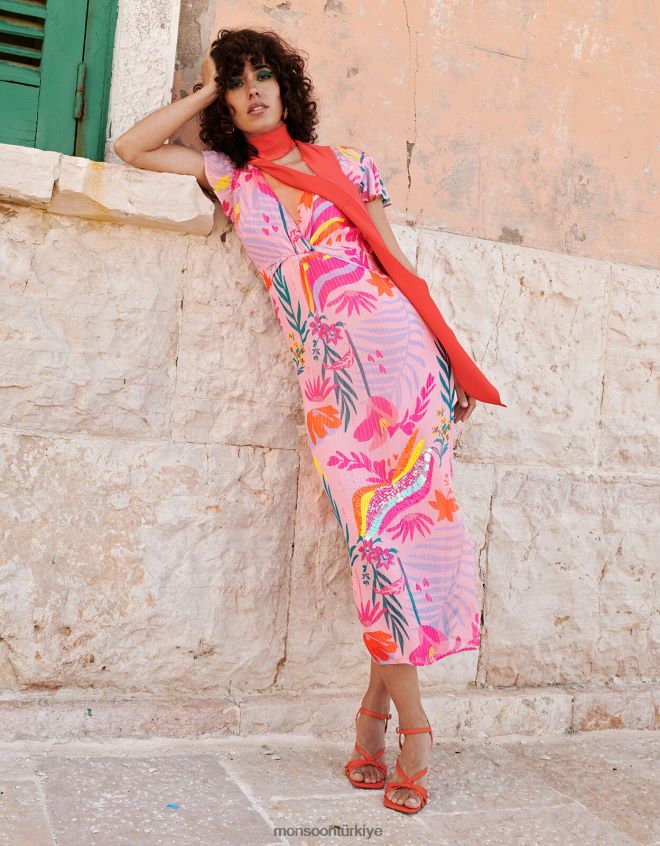 Monsoon kadınlar sienna geri dönüştürülmüş polyester ile süslenmiş metalik elbise JH86BT264 Giyim pembe