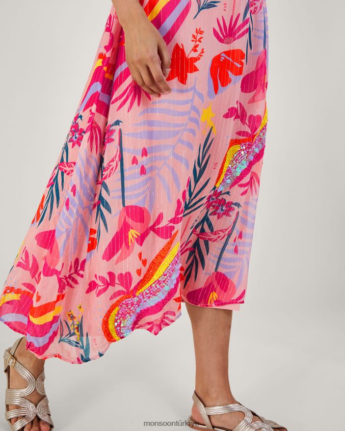 Monsoon kadınlar sienna geri dönüştürülmüş polyester ile süslenmiş metalik elbise JH86BT264 Giyim pembe