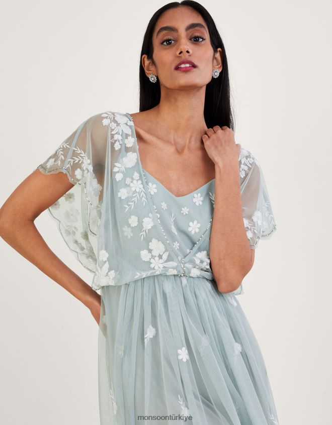 Monsoon kadınlar sophie işlemeli kısa boy maxi elbise JH86BT991 Giyim yeşil (adaçayı)