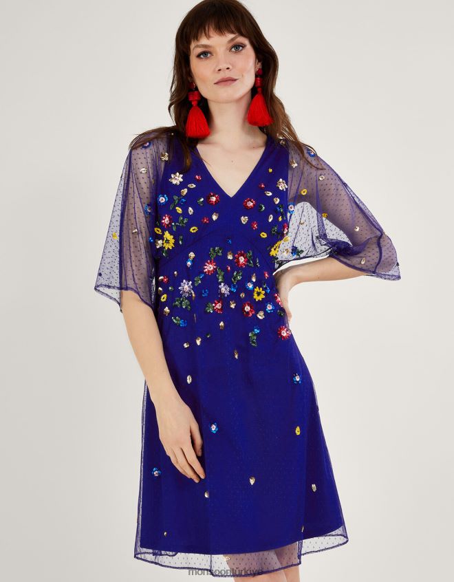 Monsoon kadınlar stephanie süslü elbise JH86BT580 Giyim mavi (kobalt)