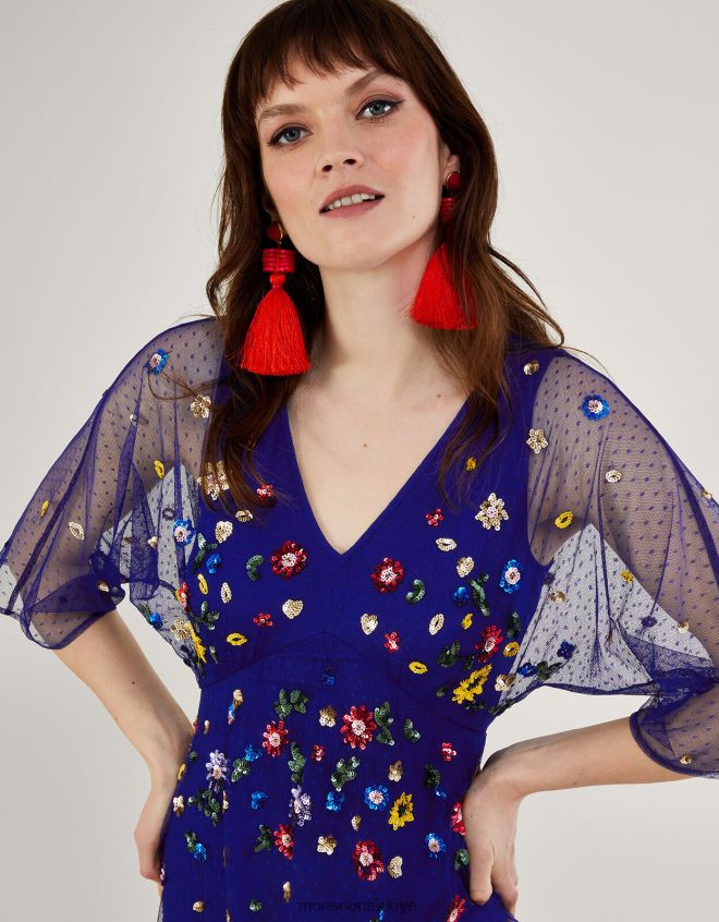 Monsoon kadınlar stephanie süslü elbise JH86BT580 Giyim mavi (kobalt)