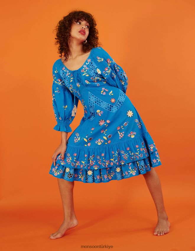 Monsoon kadınlar tina işlemeli diz boyu elbise JH86BT965 Giyim mavi