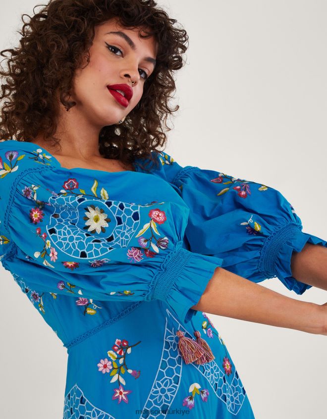 Monsoon kadınlar tina işlemeli diz boyu elbise JH86BT965 Giyim mavi