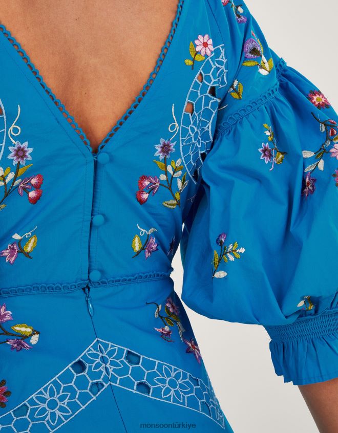 Monsoon kadınlar tina işlemeli diz boyu elbise JH86BT965 Giyim mavi