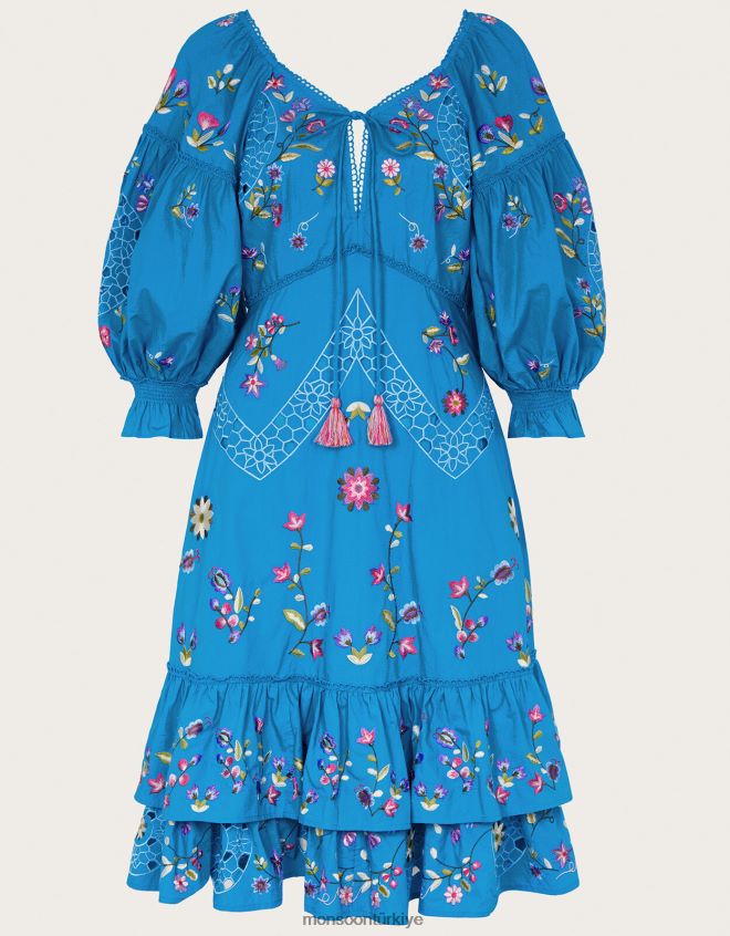 Monsoon kadınlar tina işlemeli diz boyu elbise JH86BT965 Giyim mavi