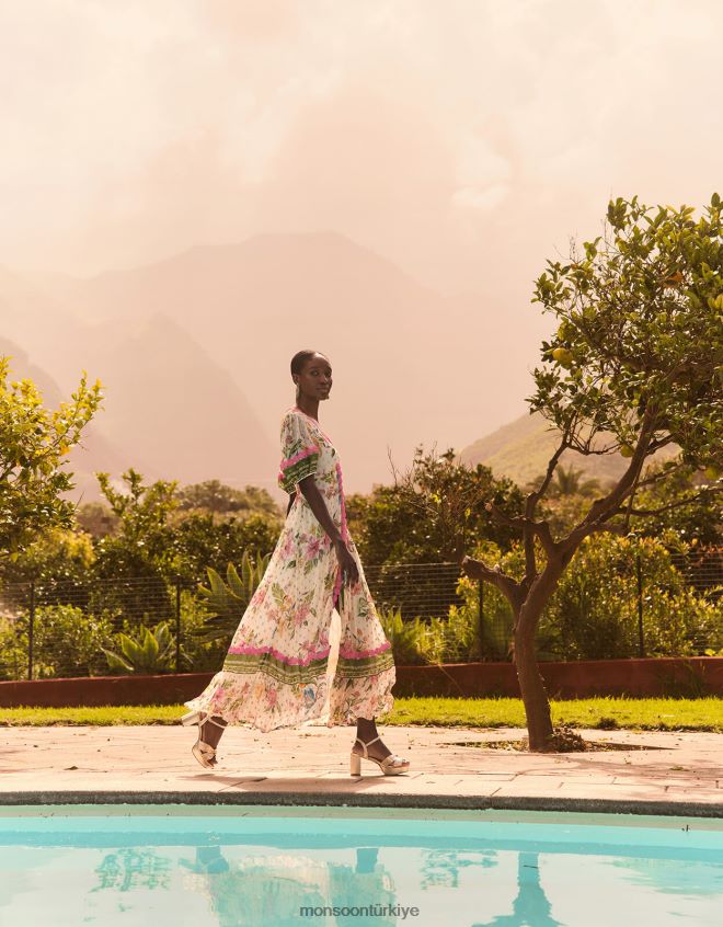 Monsoon kadınlar uma metalik çiçek desenli maxi elbise JH86BT823 Giyim fildişi