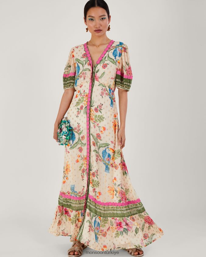 Monsoon kadınlar uma metalik çiçek desenli maxi elbise JH86BT823 Giyim fildişi