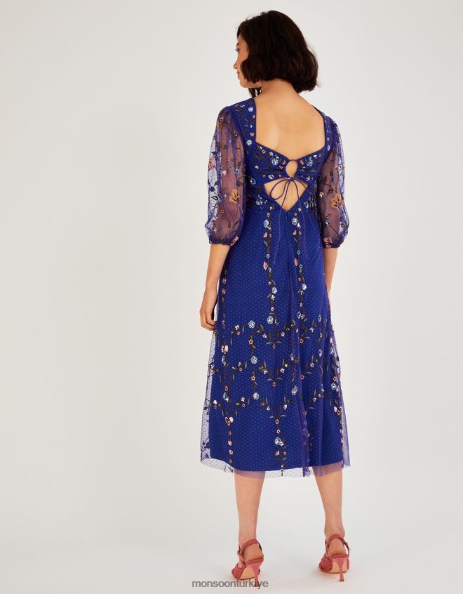 Monsoon kadınlar yennefer işlemeli midi elbise JH86BT1024 Giyim mavi