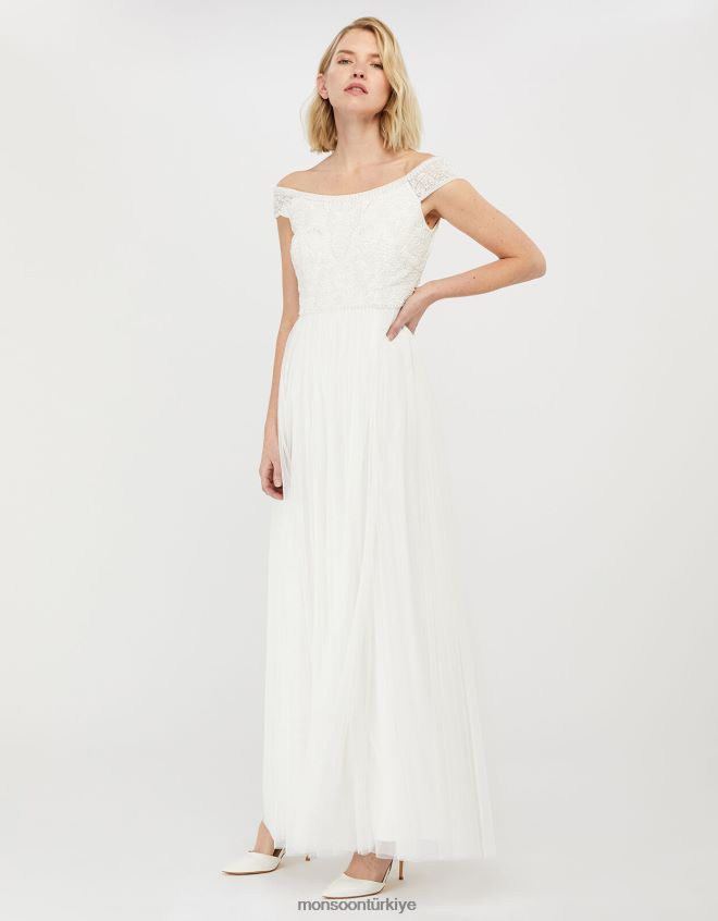Monsoon kadınlar emmeline işlemeli bardot gelinlik JH86BT1130 Giyim fildişi