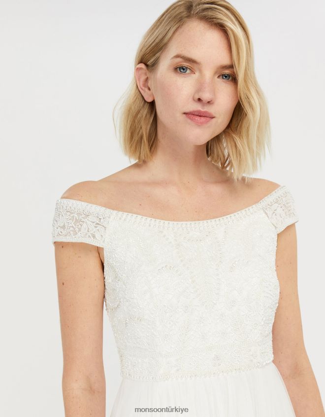 Monsoon kadınlar emmeline işlemeli bardot gelinlik JH86BT1130 Giyim fildişi
