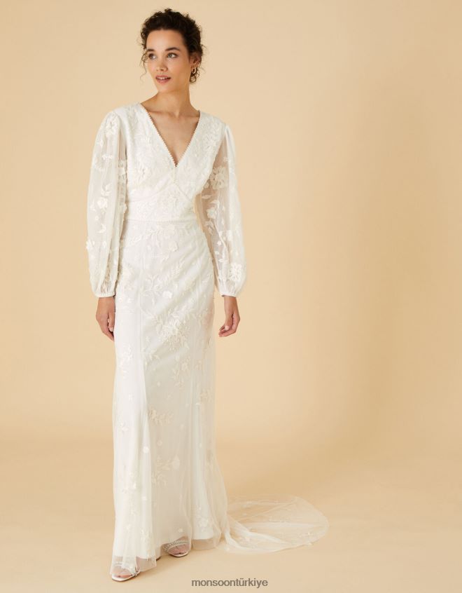 Monsoon kadınlar jennifer uzun kollu gelin maxi elbise JH86BT748 Giyim fildişi