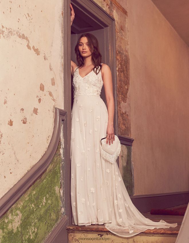 Monsoon kadınlar kate boncuklu çiçekli gelinlik JH86BT1010 Giyim fildişi