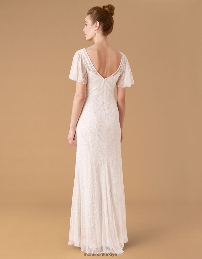 Monsoon kadınlar kedicik süslemeli çarpıntı kollu gelinlik JH86BT1160 Giyim fildişi