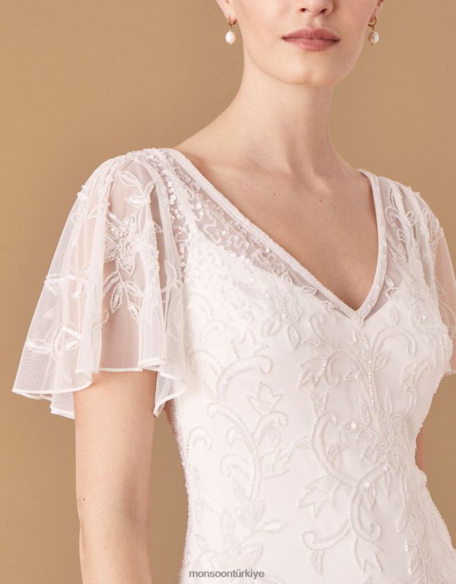 Monsoon kadınlar kedicik süslemeli çarpıntı kollu gelinlik JH86BT1160 Giyim fildişi